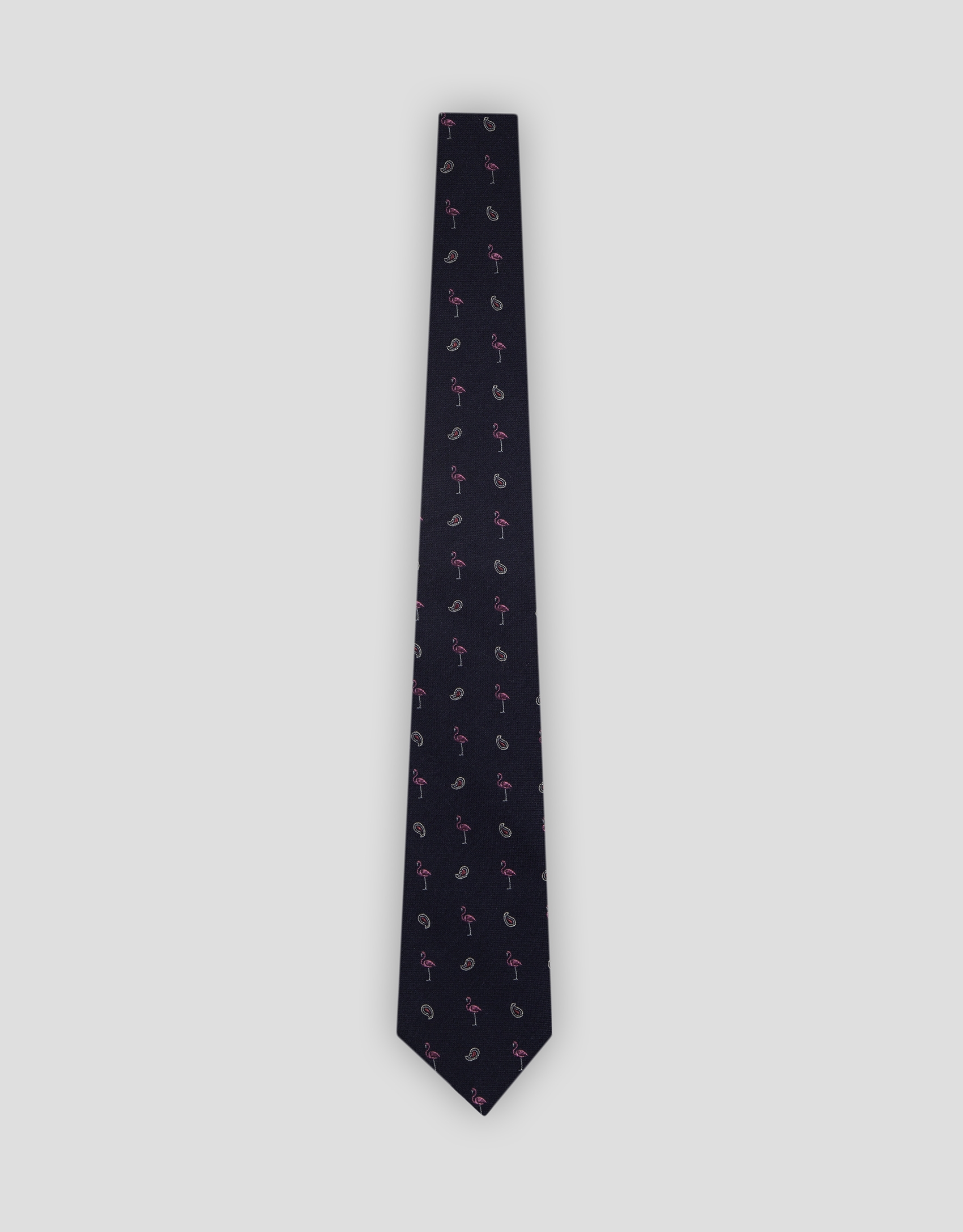 Navy blue silk tie with pink flamingo jacquard 