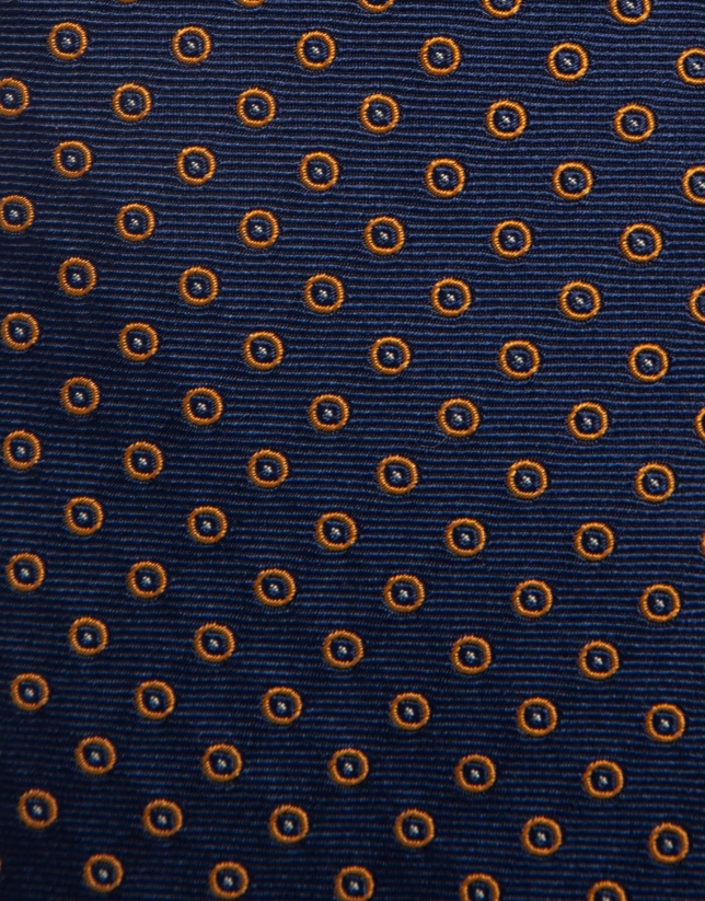 Navy blue silk tie with orange polka dots
