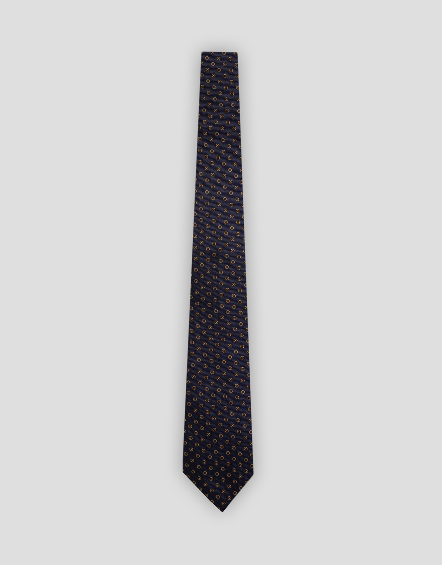 Navy blue silk tie with orange polka dots