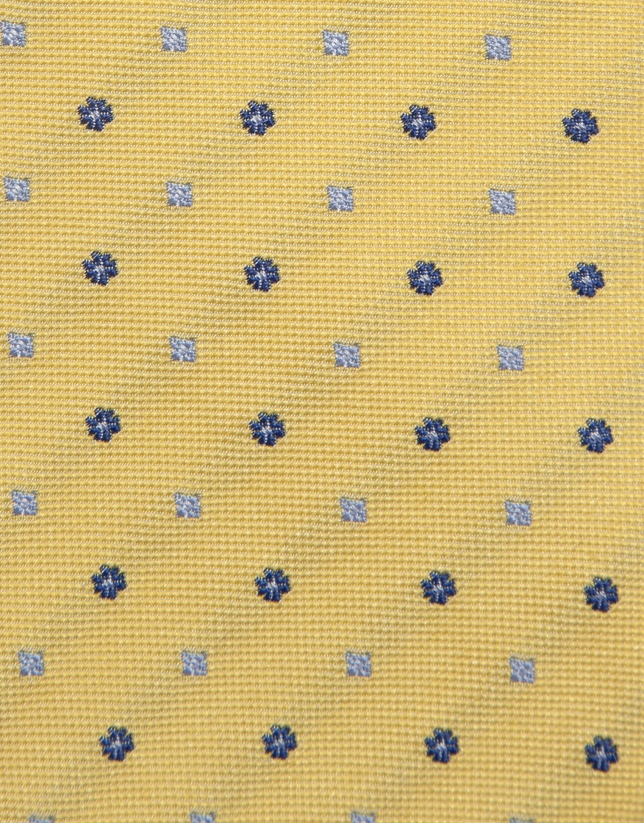 Yellow silk tie with blue floral jacquard 