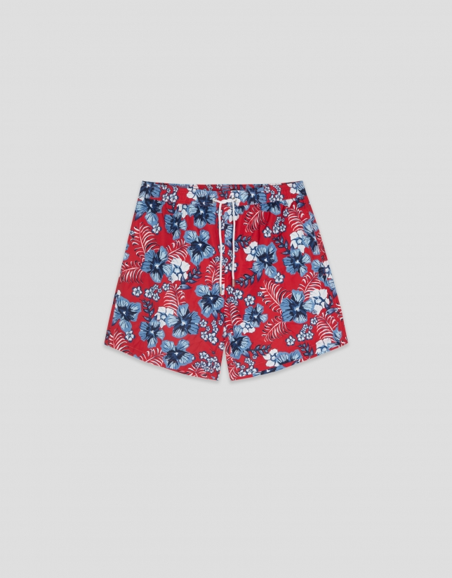 Ba&ntilde;ador estampado flores rojo y tonos azules
