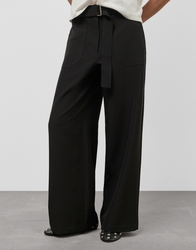 Wide black flowing twill pants with belt