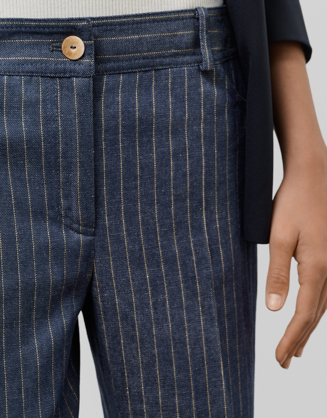 Pantalón recto en tejido vaquero con lino y perfil dorado