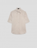 Beige striped jacquard blouse with short sleeves
