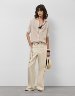 Beige striped jacquard blouse with short sleeves