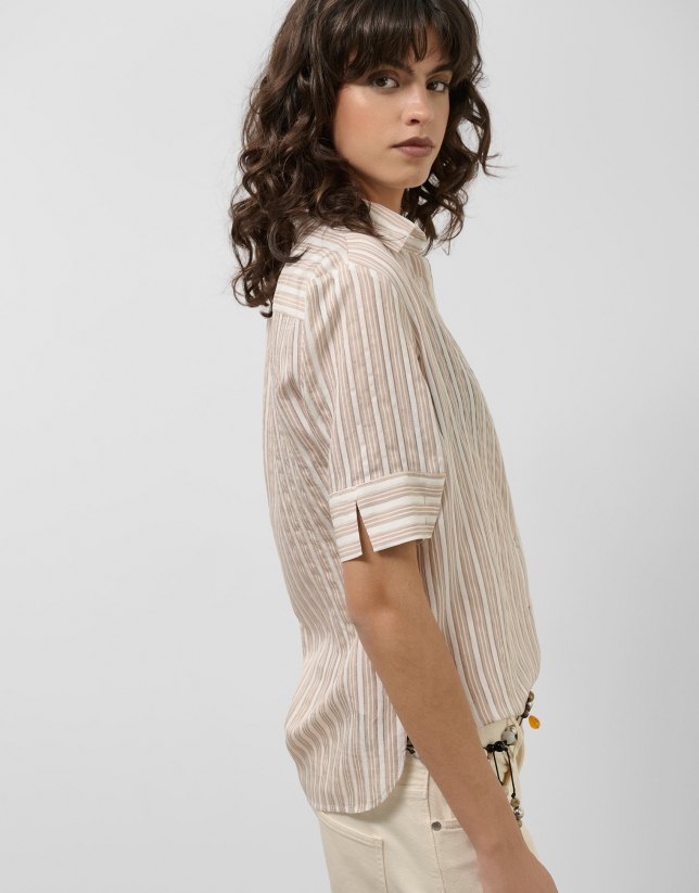 Beige striped jacquard blouse with short sleeves