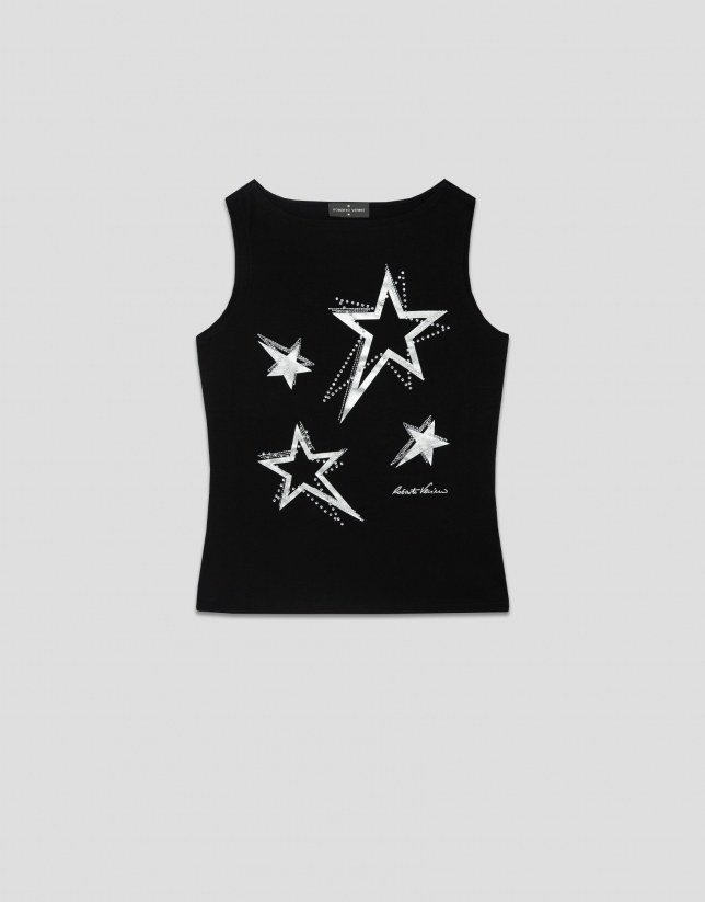 Black cotton tank top with stars 