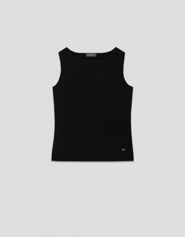 Black cotton tank top with embroidered flower