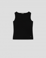 Black cotton tank top with embroidered flower