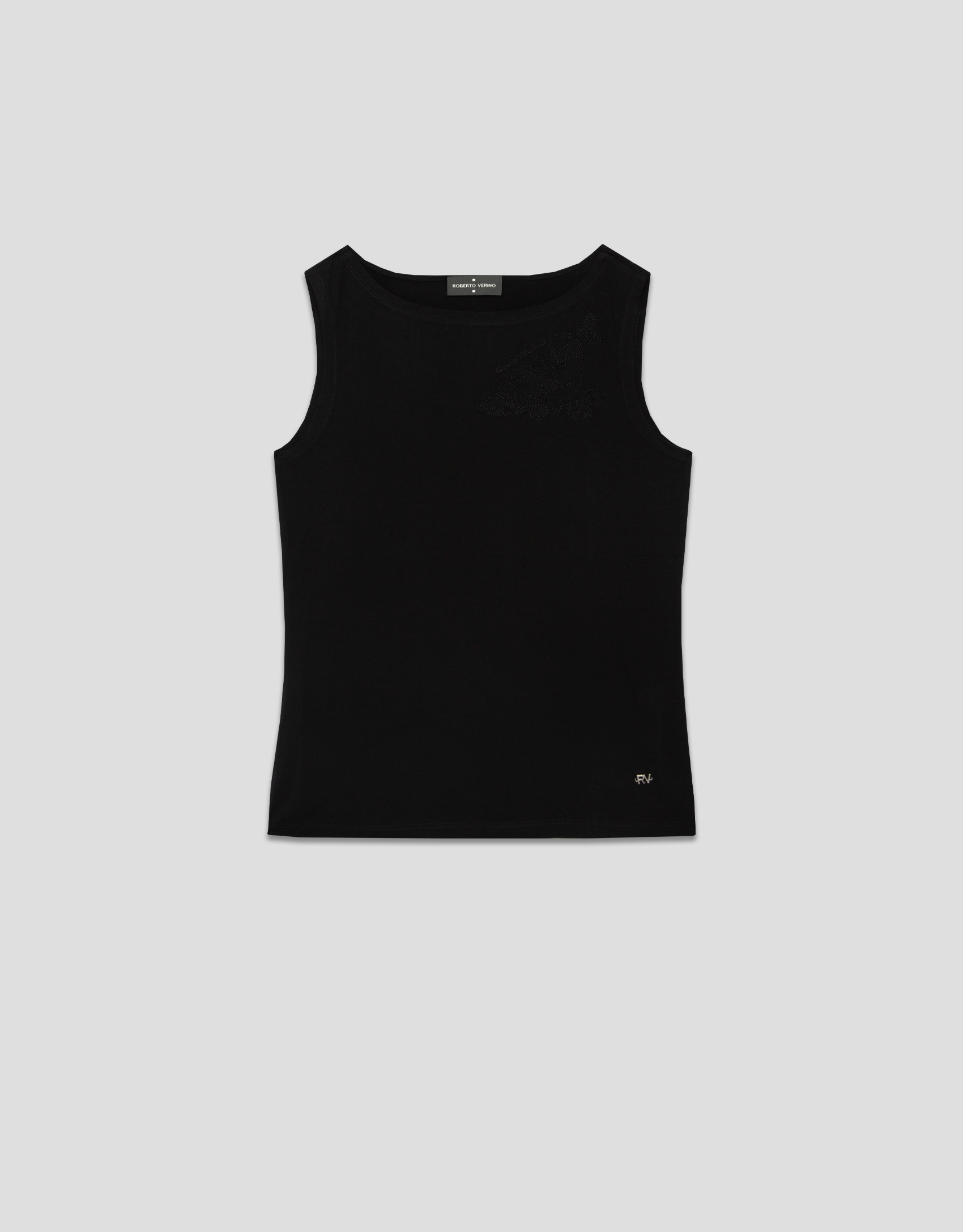 Black cotton tank top with embroidered flower