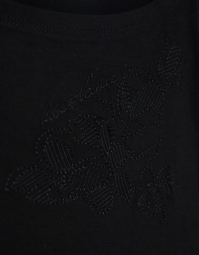 Tank top algodón negro con flor bordada