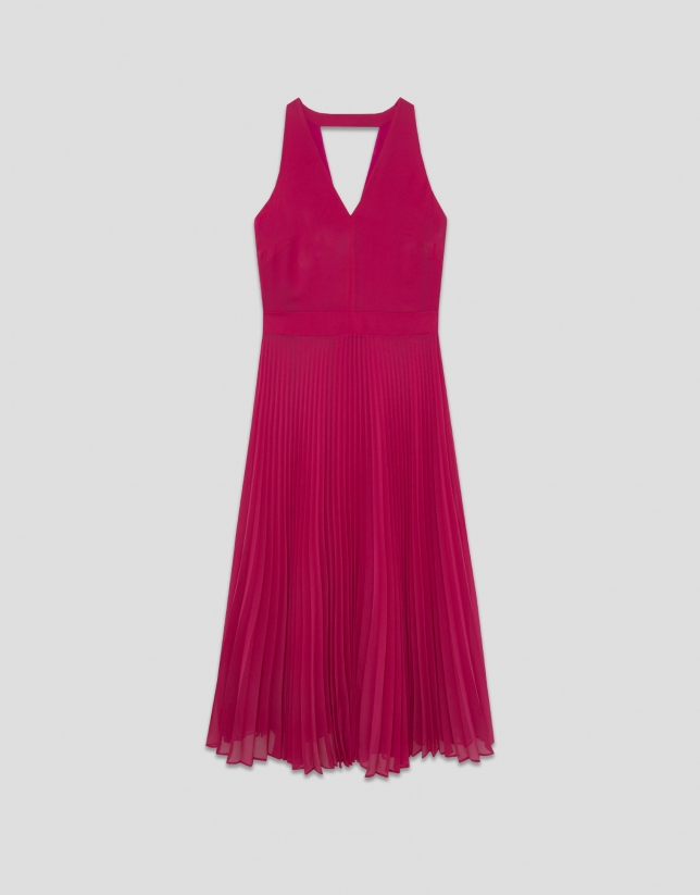 Fuchsia georgette crepe  midi dress with pleated skirt 