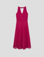 Fuchsia georgette crepe  midi dress with pleated skirt 