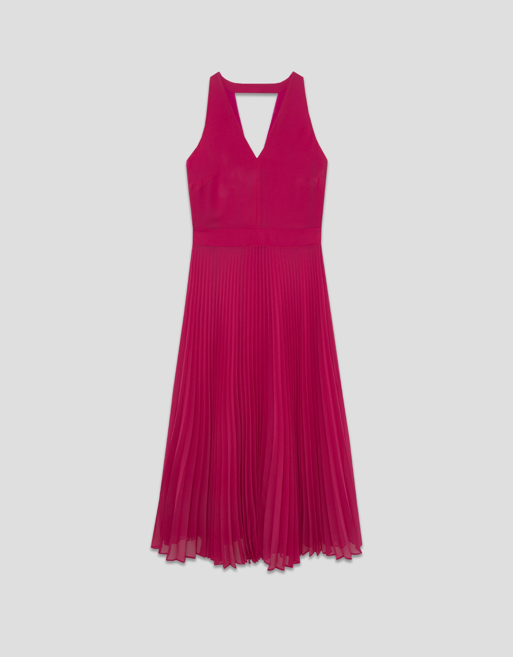 Fuchsia georgette crepe  midi dress with pleated skirt 
