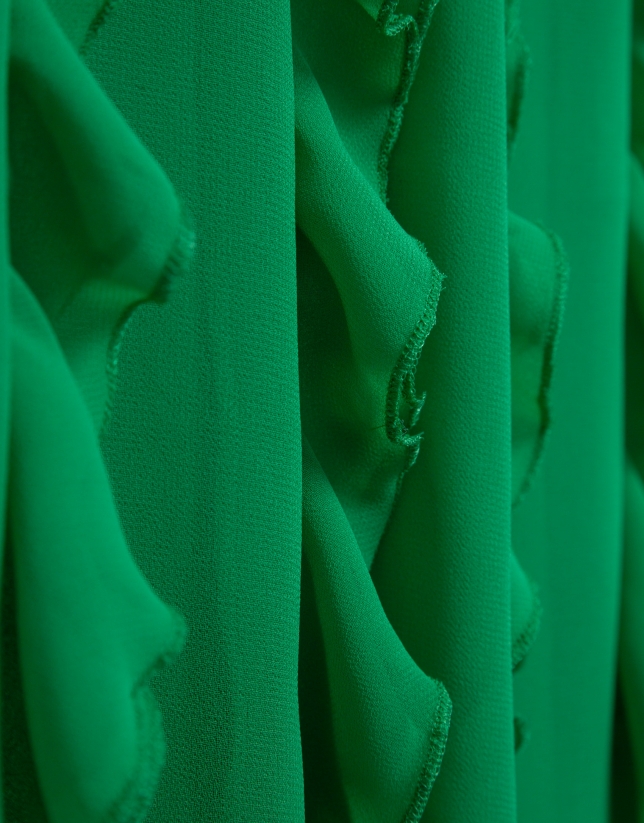 Green georgette crepe midi dress with vertical flounces