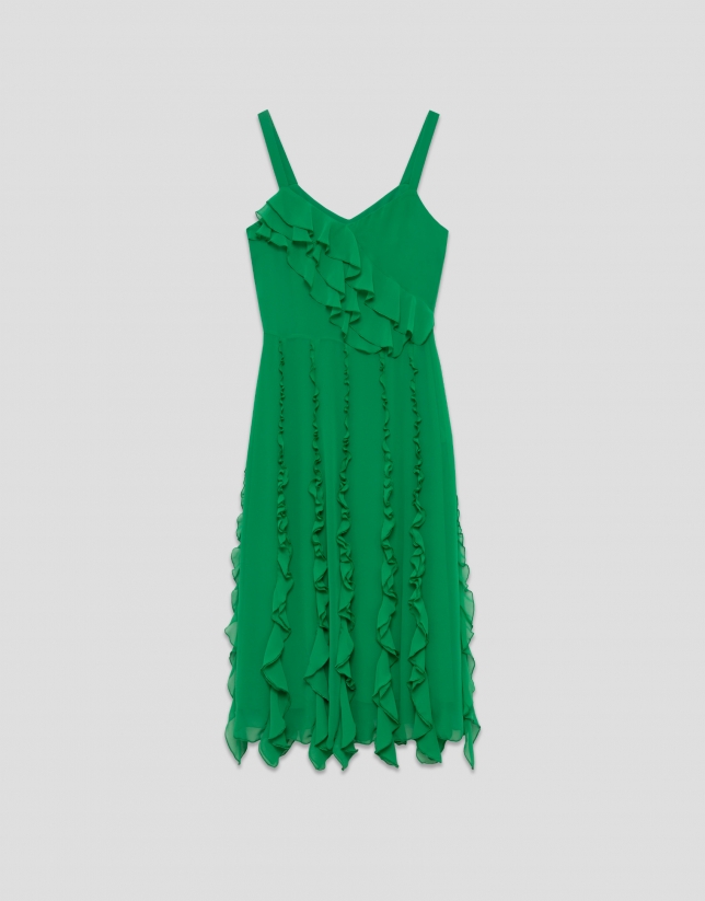 Green georgette crepe midi dress with vertical flounces