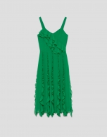 Green georgette crepe midi dress with vertical flounces