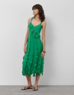 Green georgette crepe midi dress with vertical flounces