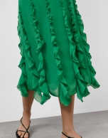 Green georgette crepe midi dress with vertical flounces