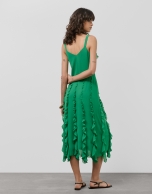 Green georgette crepe midi dress with vertical flounces