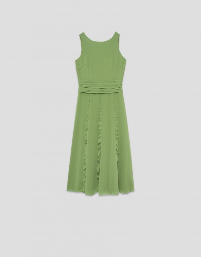 Vestido midi sin mangas con volantes en crepe georgette verde