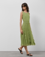 Green georgette crepe midi sleeveless dress with flounces