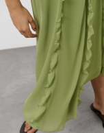 Green georgette crepe midi sleeveless dress with flounces