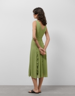 Green georgette crepe midi sleeveless dress with flounces