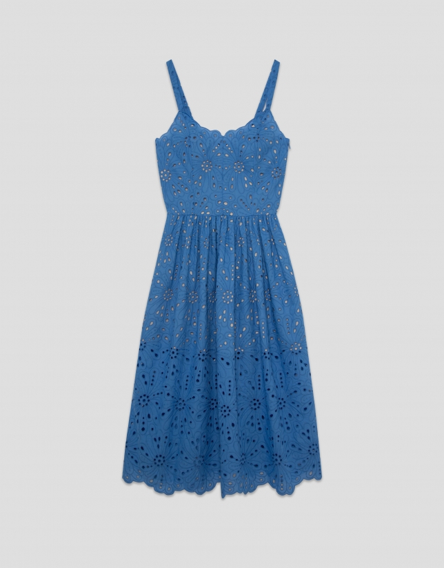 Vestido midi tirantes bordado suizo azul