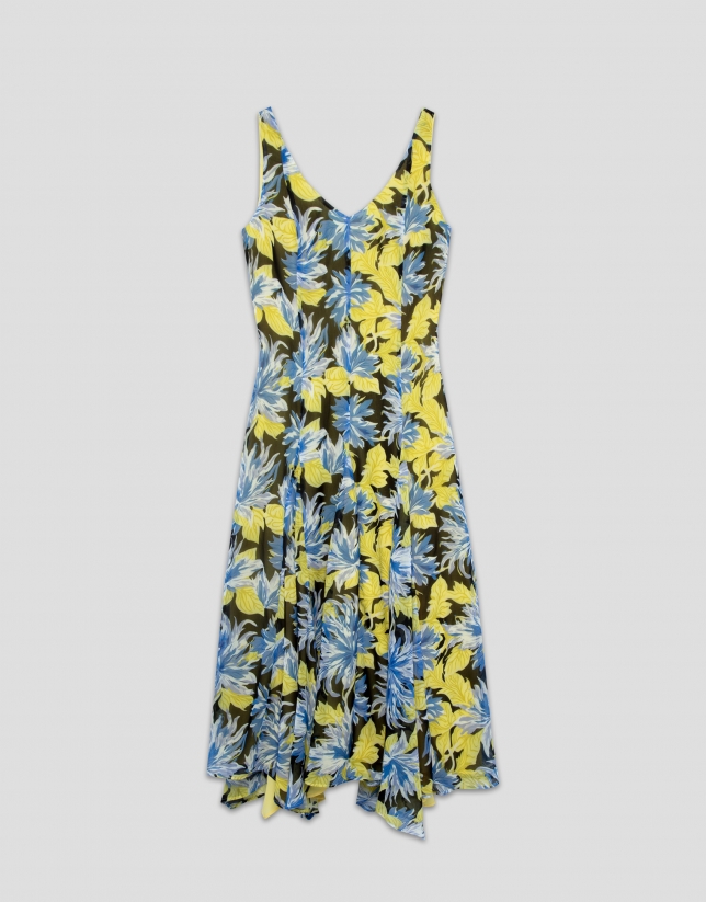 Blue georgette crepe midi dress with floral print