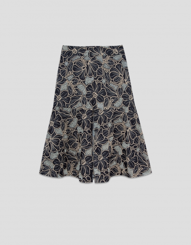 Blue midi denim skirt with floral embroidery and openwork