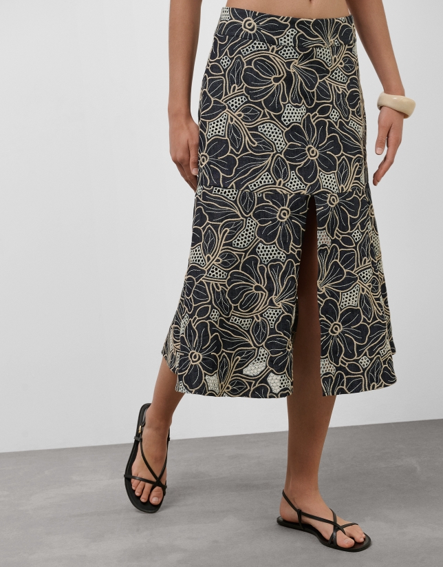 Blue midi denim skirt with floral embroidery and openwork