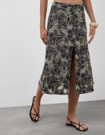 Blue midi denim skirt with floral embroidery and openwork