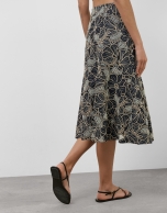 Blue midi denim skirt with floral embroidery and openwork