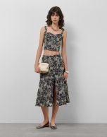 Blue midi denim skirt with floral embroidery and openwork