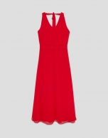 Vestido midi escote halter anudado en crepe georgette rojo
