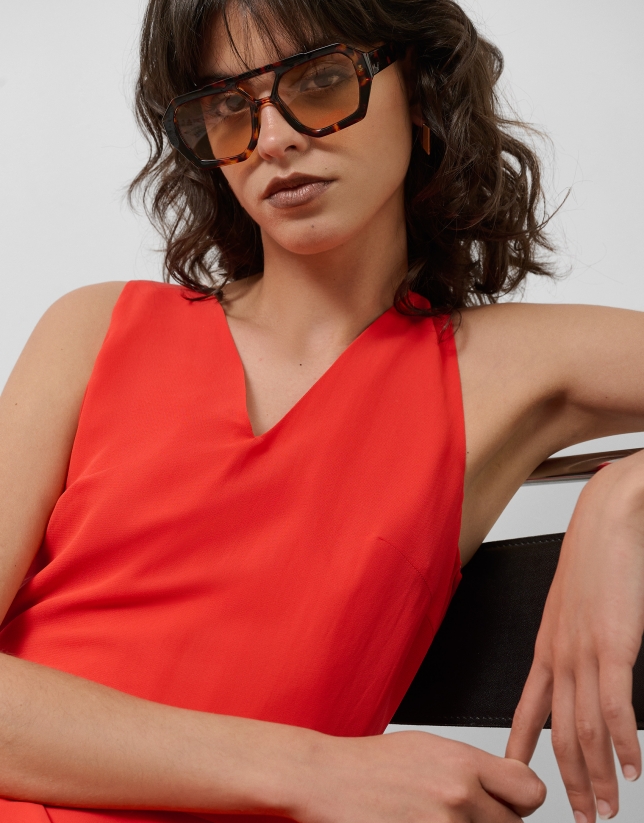 Vestido midi escote halter anudado en crepe georgette rojo