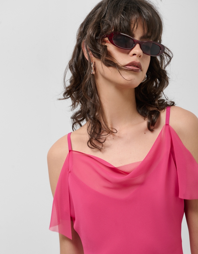 Raspberry crepe long halter dress