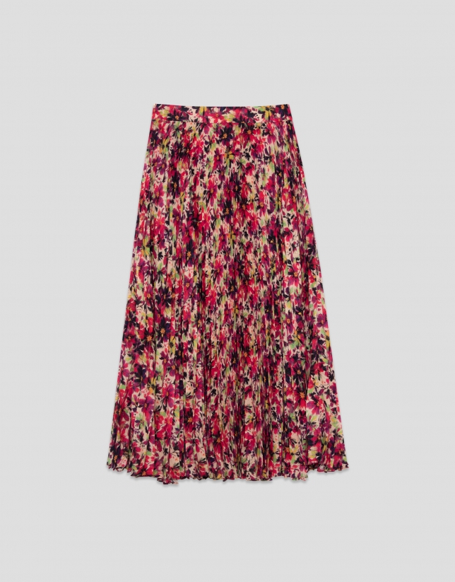 Falda midi plisada crepe georgette estampado floral berenjena