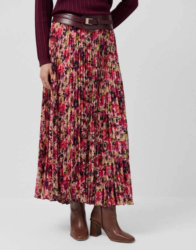 Falda midi plisada crepe georgette estampado floral berenjena