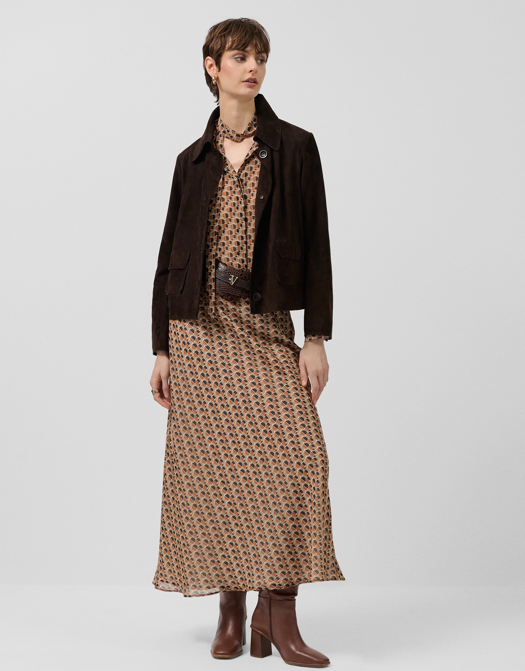 Brown geometric print crepe georgette midi skirt