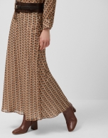 Brown geometric print crepe georgette midi skirt