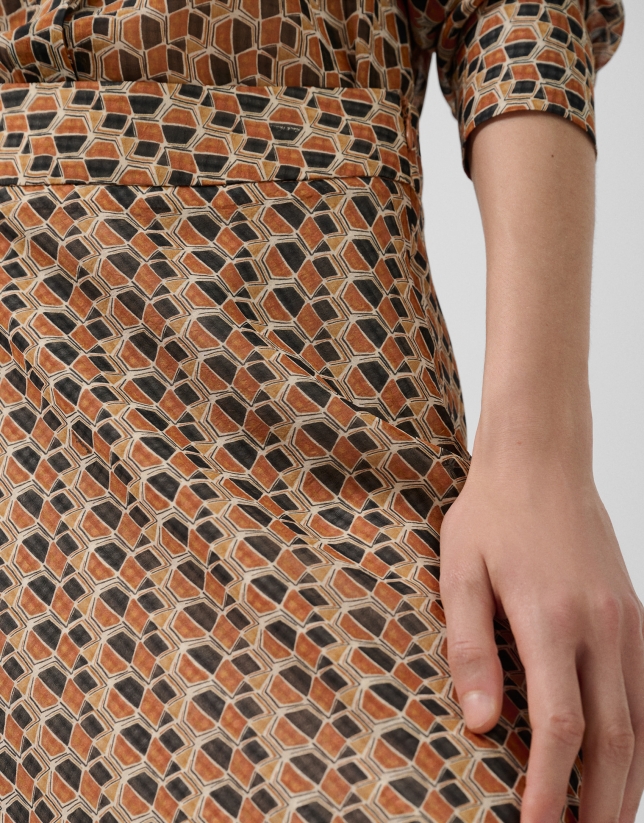 Brown geometric print crepe georgette midi skirt