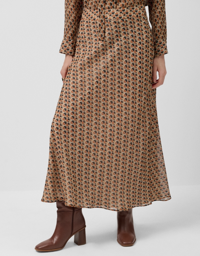 Brown geometric print crepe georgette midi skirt