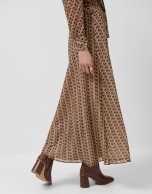 Brown geometric print crepe georgette midi skirt