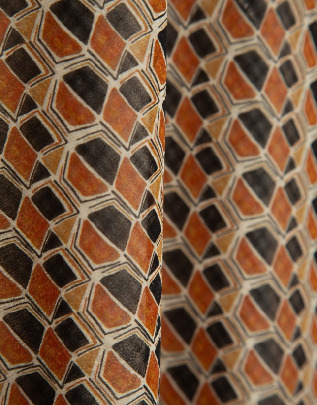 Brown geometric print crepe georgette midi skirt