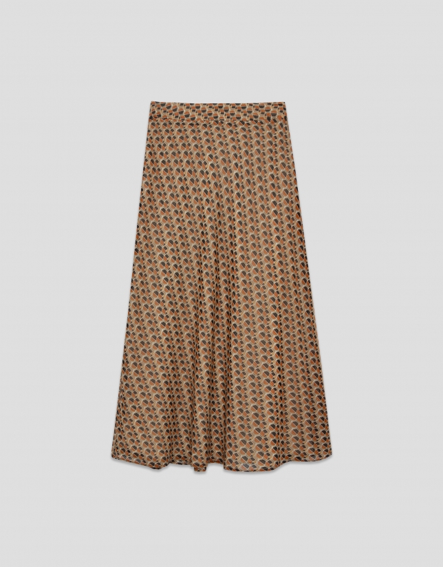 Falda midi evasé crepe georgette estampado geométrico marrón