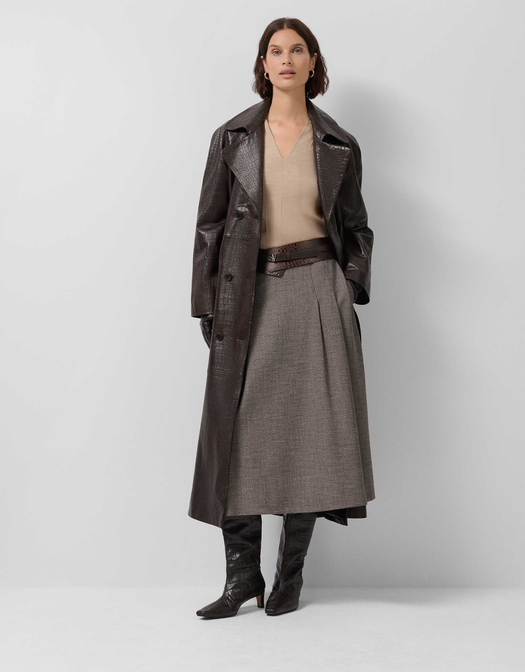 Camel pleated midi skirt