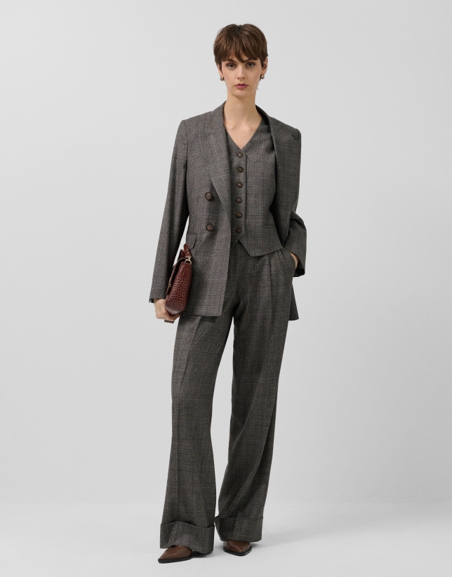 Pantalón pinzas corte masculino cuadro gales marrón