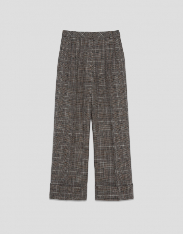 Pantalón pinzas corte masculino cuadro gales marrón